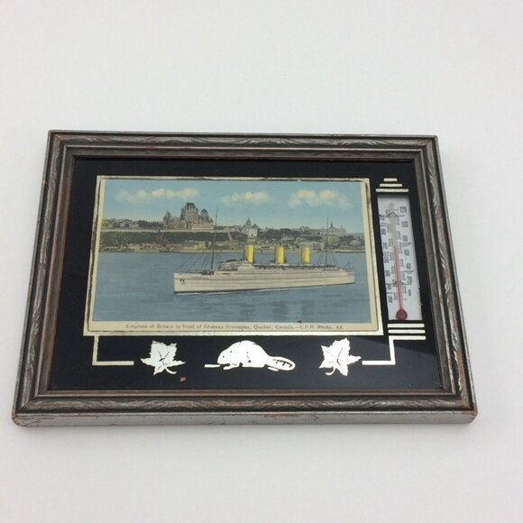 Vtg Framed Empress Britain Boat Postcard Chateau Frontenac Quebec Thermometer - Picture 2 of 16